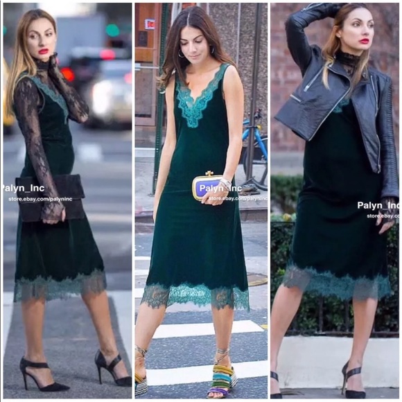 ❤️NWT ZARA DARK GREEN LONG VELVET DRESS WITH LACE - Picture 7 of 11